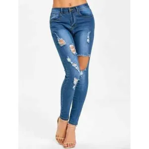 Broken Hole Skinny Destroyed Jeans - Blue 2xl