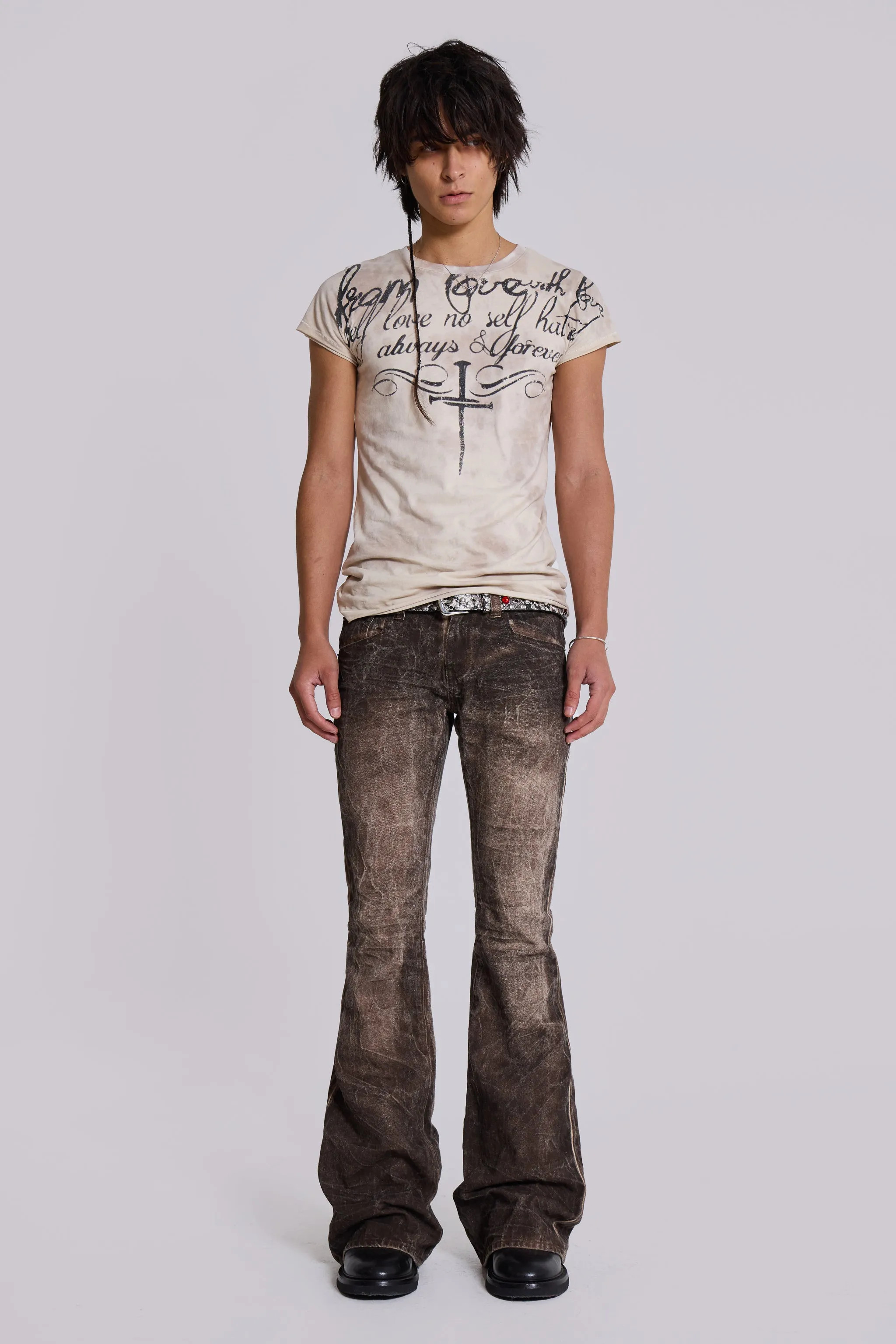 Brown Creased Drift Flared Jeans