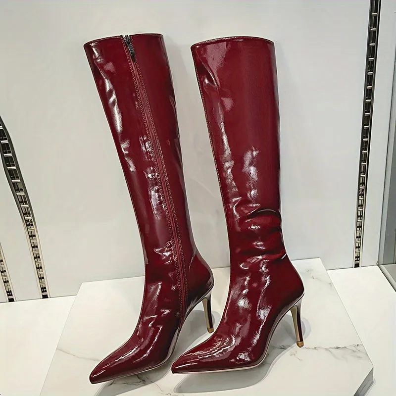 Burgundy Red Patent Leather Knee High Boots