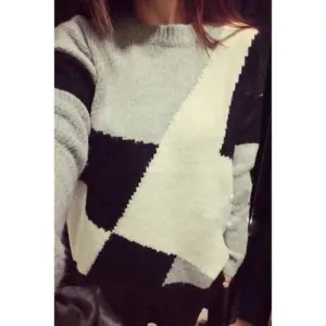 Casual Jewel Neck Long Sleeve Color Block Women's Sweater - Gray S