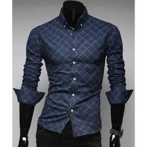 Casual Turn Down Collar Plaid Long Sleeve Shirt For Men - Blue 2xl