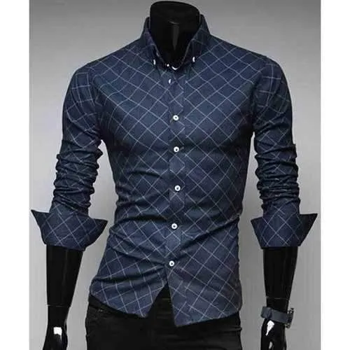 Casual Turn Down Collar Plaid Long Sleeve Shirt For Men - Blue 2xl