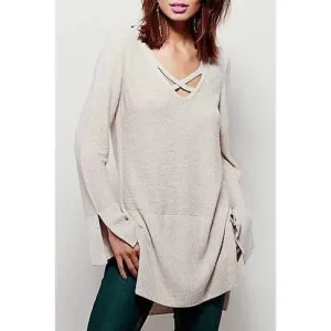 Charming Hollow Out V-Neck Solid Color Slit Pullover Sweater For Women - Apricot M