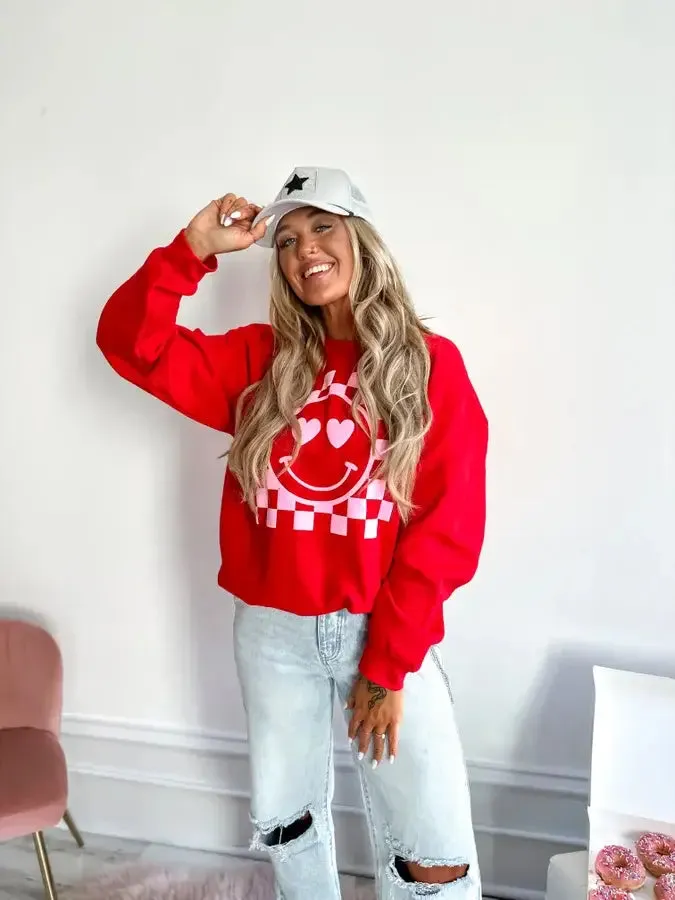 Checkered Heart Smiley Red Puff Crewneck Graphic