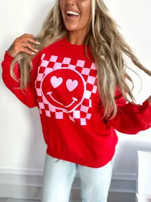 Checkered Heart Smiley Red Puff Crewneck Graphic