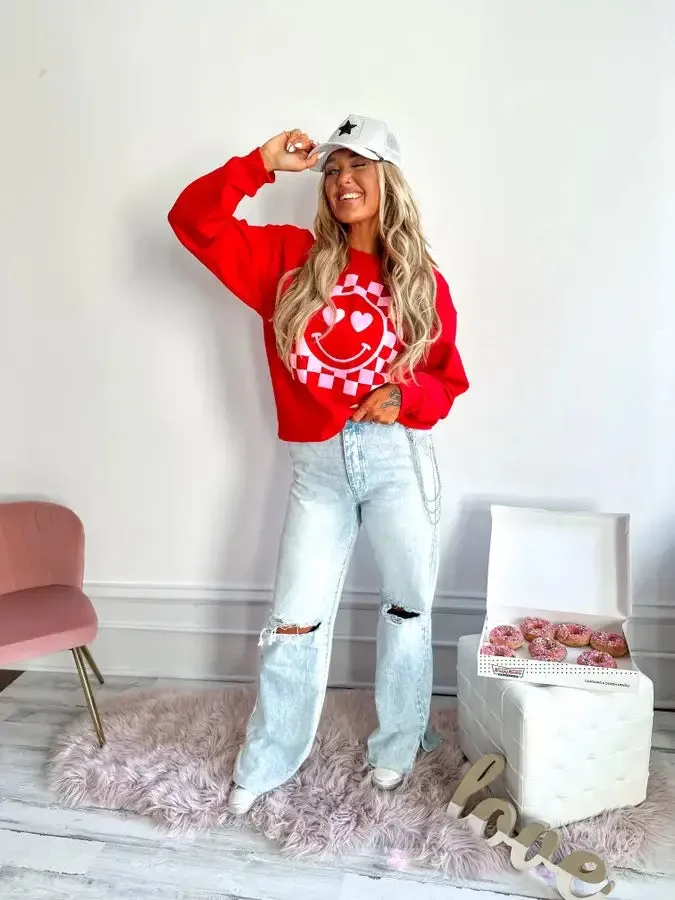 Checkered Heart Smiley Red Puff Crewneck Graphic