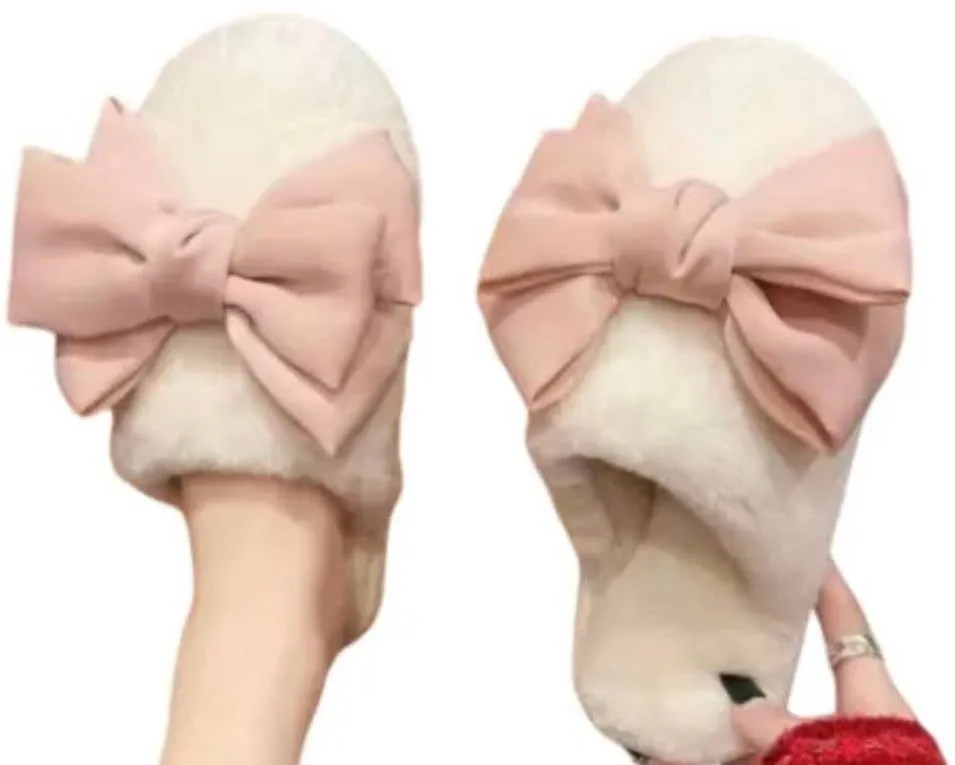 Christa Cozy Bow Slippers cream w/Pink bows : Large