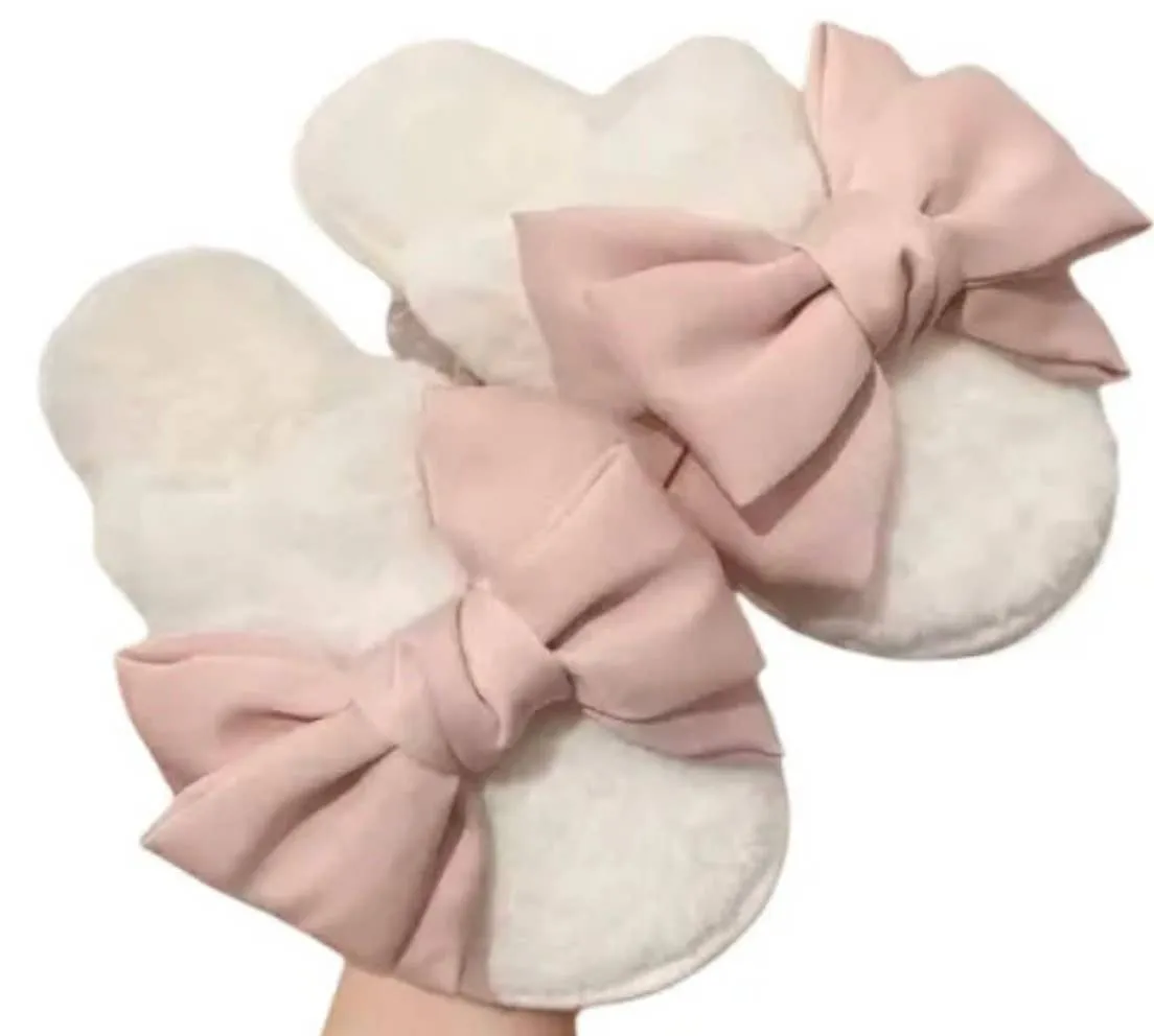 Christa Cozy Bow Slippers cream w/Pink bows : Large