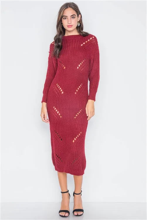Chunky Distressed Midi Sweater Dress | Burgundy