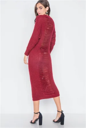 Chunky Distressed Midi Sweater Dress | Burgundy