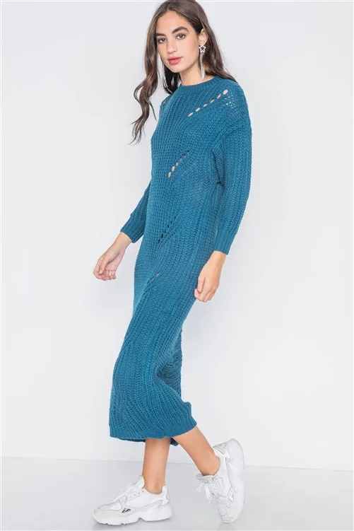 Chunky Distressed Midi Sweater Dress | Teal