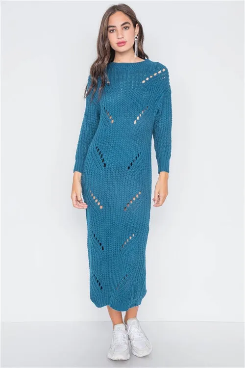 Chunky Distressed Midi Sweater Dress | Teal