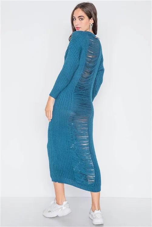 Chunky Distressed Midi Sweater Dress | Teal