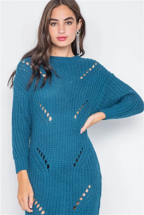 Chunky Distressed Midi Sweater Dress | Teal