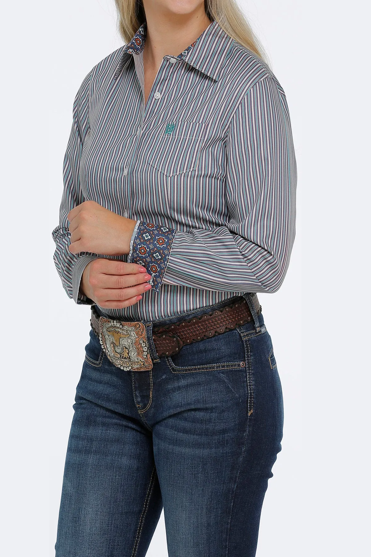 CLMSW9164188-GRN Ladies L/S  Shirt Striped