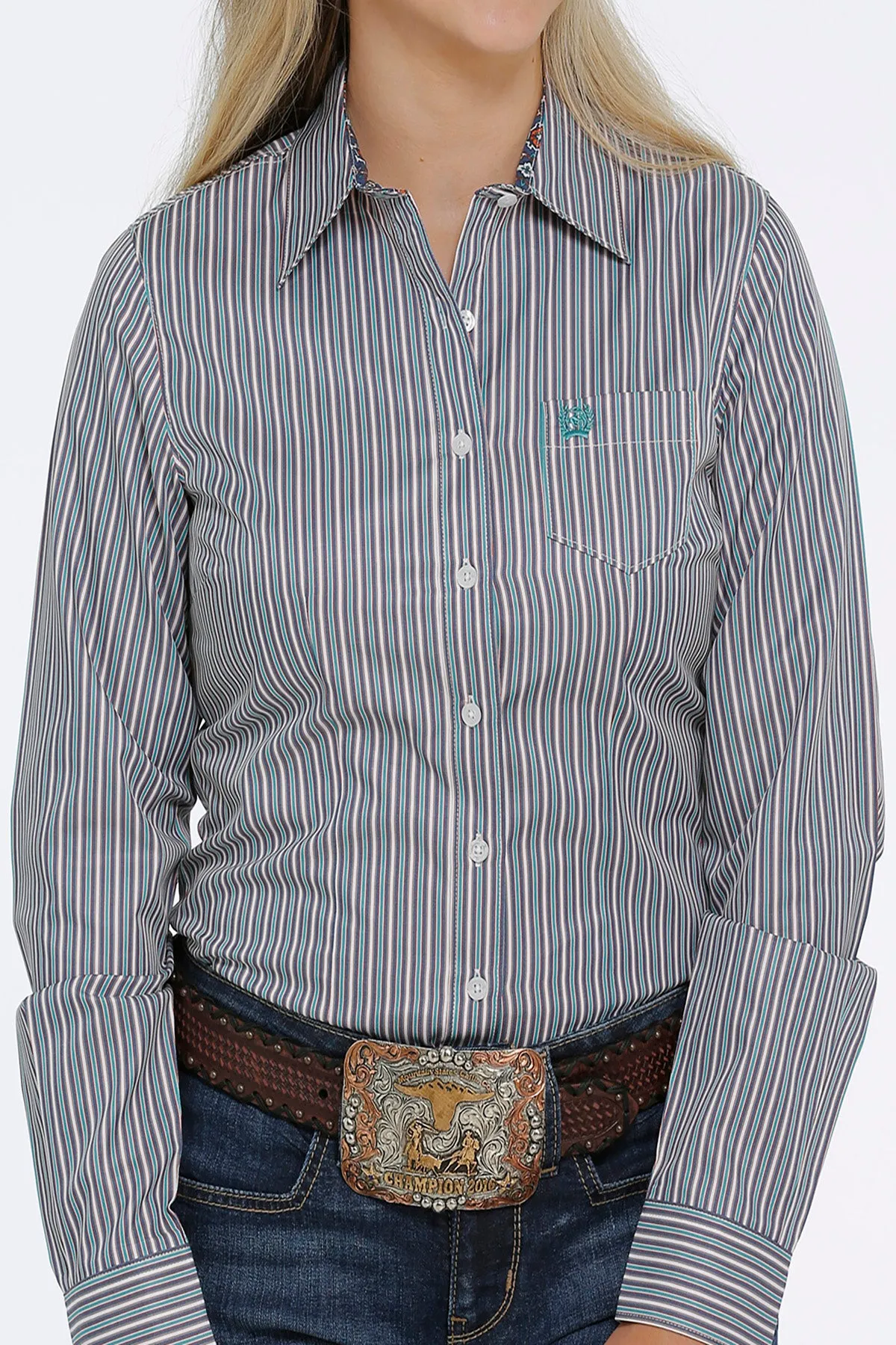 CLMSW9164188-GRN Ladies L/S  Shirt Striped
