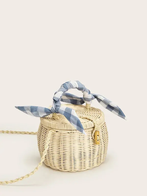 CM-BGS405704 Women Trendy Seoul Style Gingham Detail Bucket Bag - Beige