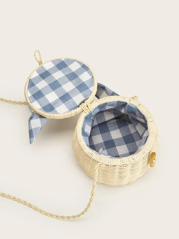 CM-BGS405704 Women Trendy Seoul Style Gingham Detail Bucket Bag - Beige