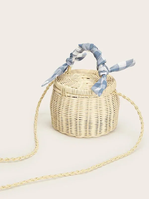 CM-BGS405704 Women Trendy Seoul Style Gingham Detail Bucket Bag - Beige