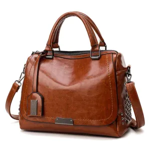 Cognac Chic Brown Vegan Leather Satchel with Studded Detail