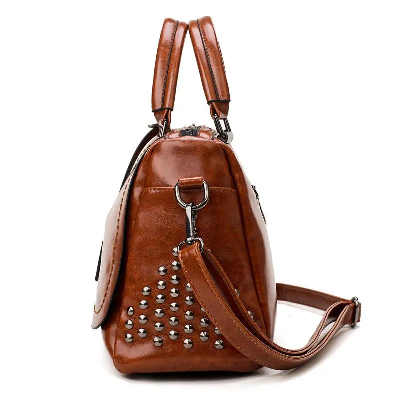 Cognac Chic Brown Vegan Leather Satchel with Studded Detail