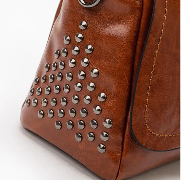 Cognac Chic Brown Vegan Leather Satchel with Studded Detail