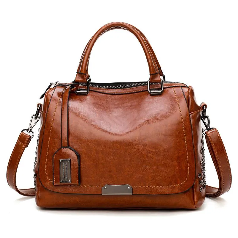 Cognac Chic Brown Vegan Leather Satchel with Studded Detail