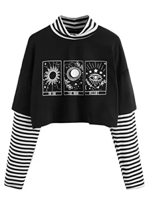 Color Block Butterfly Print Long Sleeve Crop Top for Women