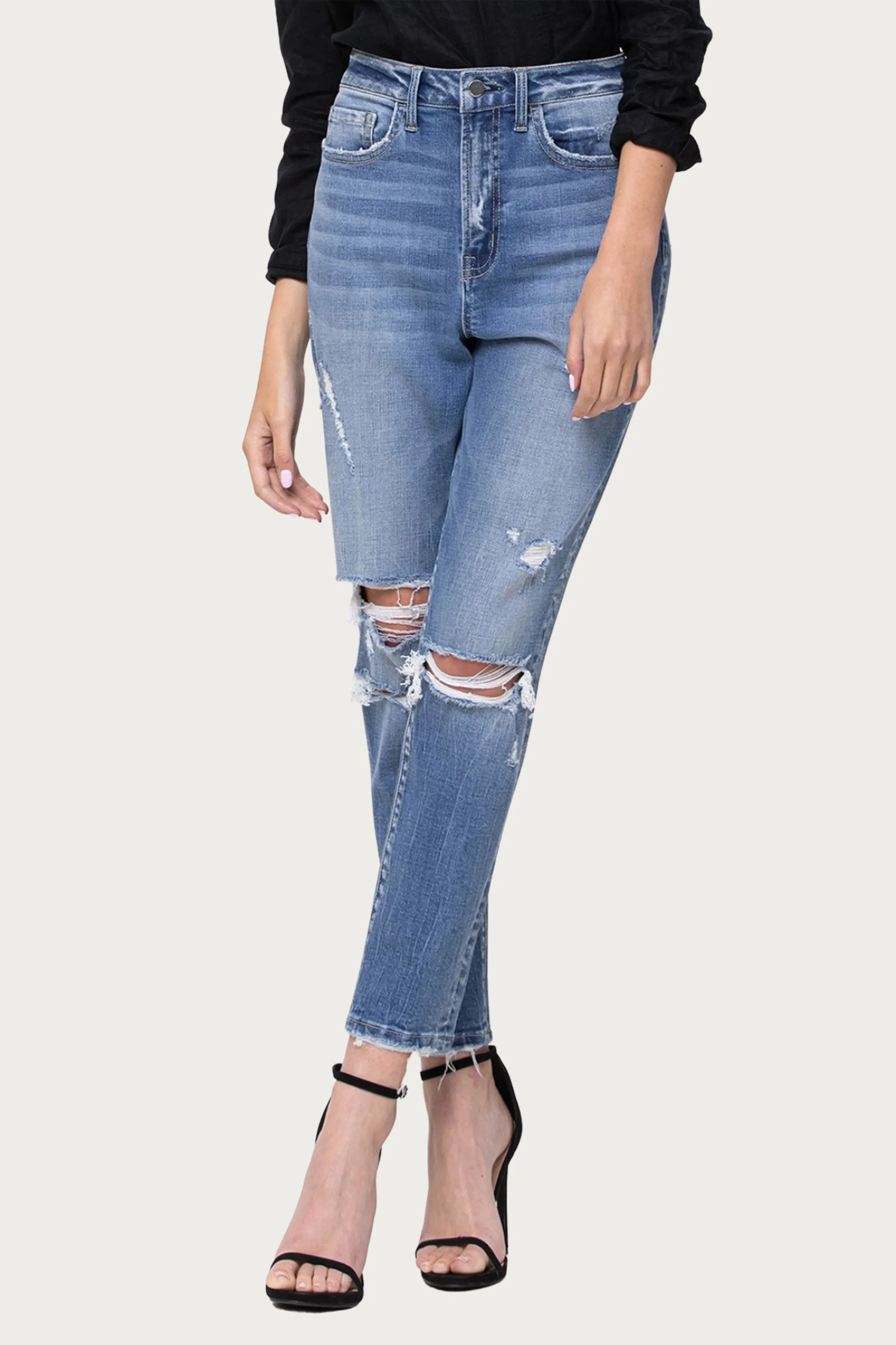 COMFORT STRETCH HIGH-RISE DISTRESSED MOM JEANS