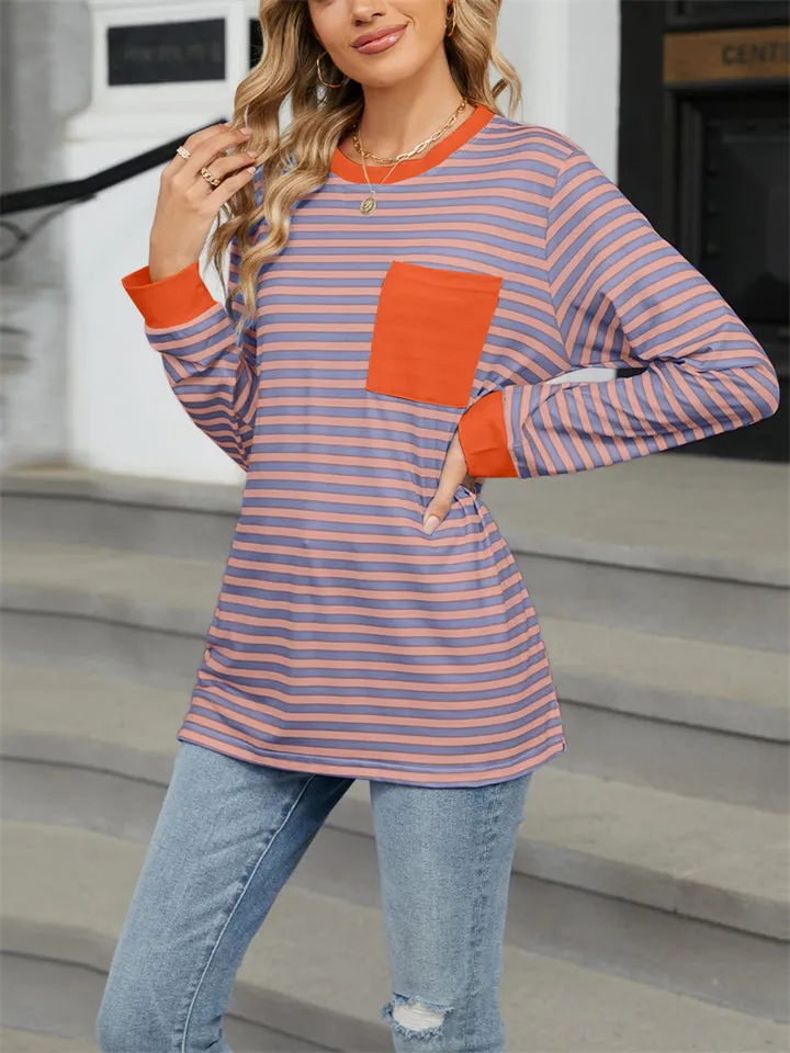 Contrast Color Stripe Chest Pocket Long Sleeve Shirt for Women