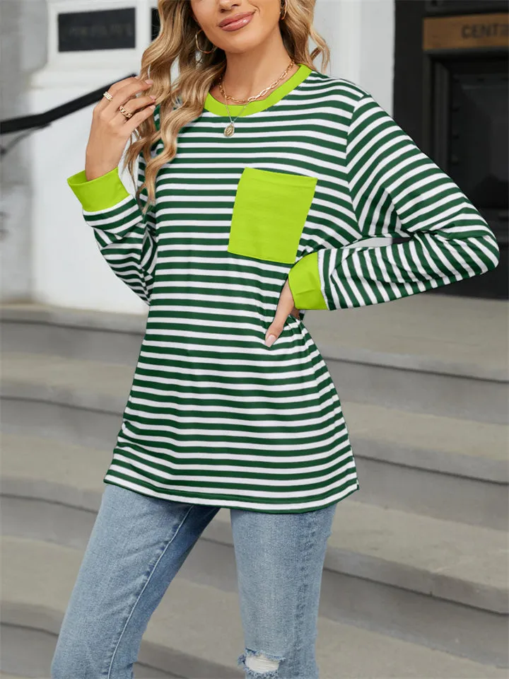 Contrast Color Stripe Chest Pocket Long Sleeve Shirt for Women