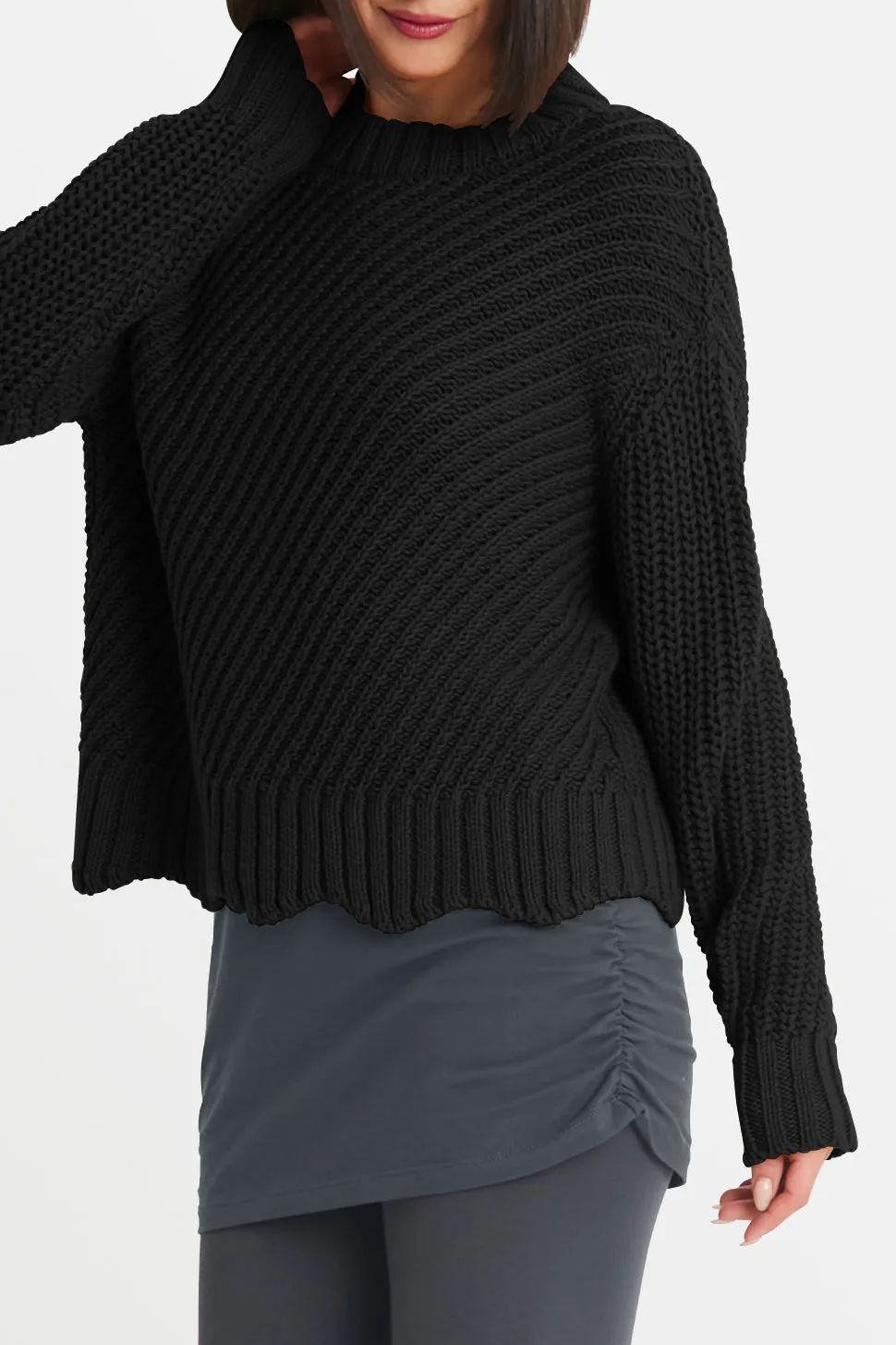 Cotton Diagonal Knit Crewneck Sweater