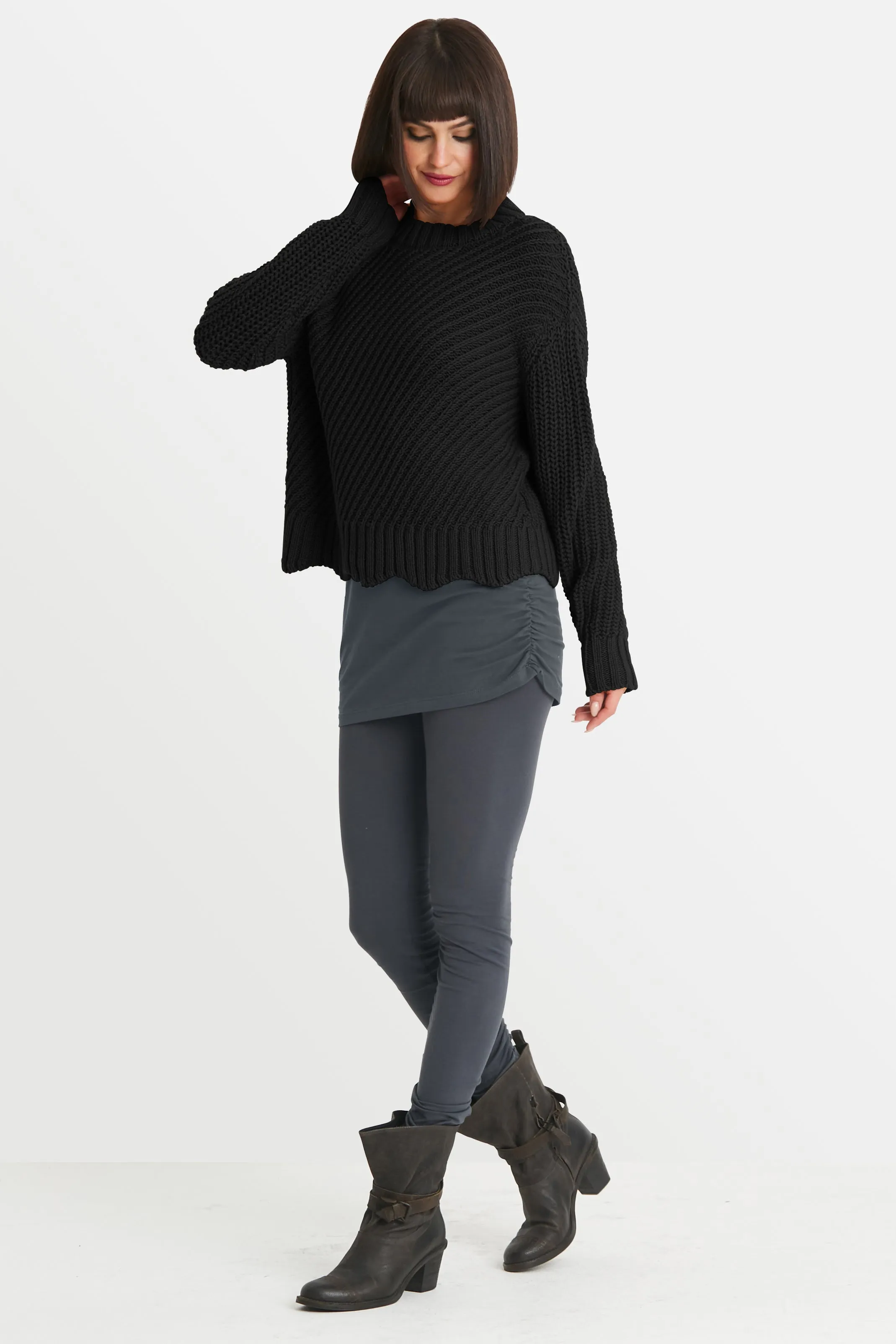 Cotton Diagonal Knit Crewneck Sweater