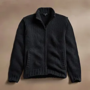 Cotton Knit Zip Up Sweater - Black