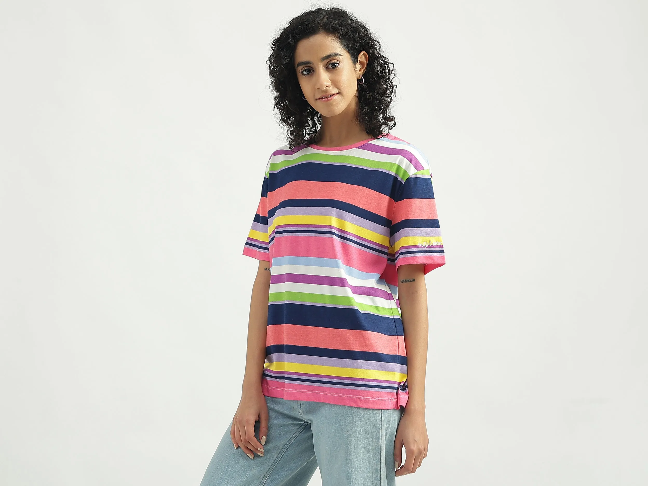 Cotton Striped Round Neck Women T-shirts