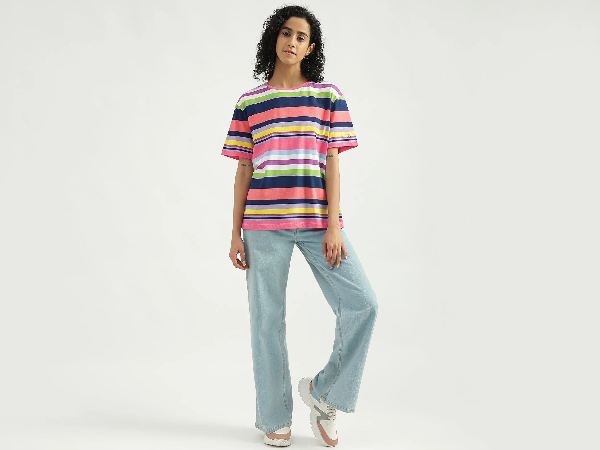 Cotton Striped Round Neck Women T-shirts