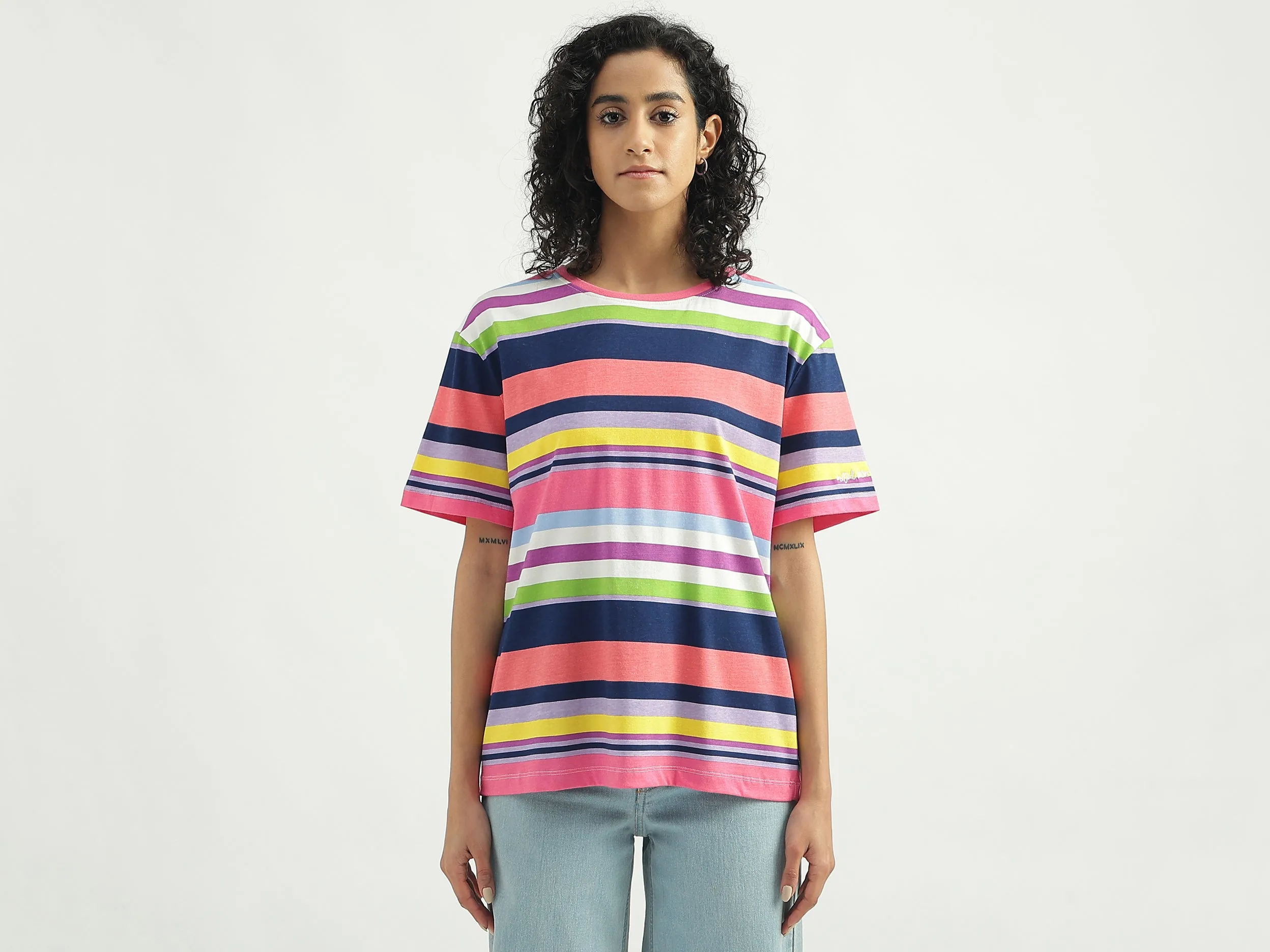 Cotton Striped Round Neck Women T-shirts