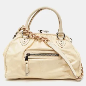 Cream Snakeskin Embossed Leather Stam Satchel