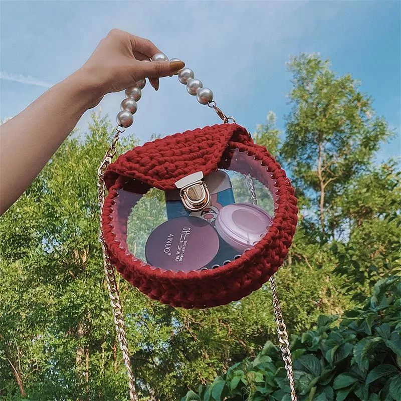 Cute Round Crochet Crossbody Purse PMMA Crochet Shoulder Round Handbag for Girl Circle Crochet Crossbody Purses