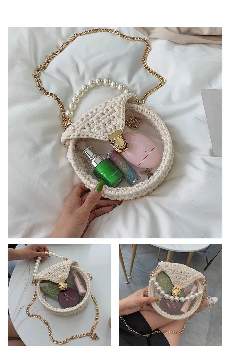 Cute Round Crochet Crossbody Purse PMMA Crochet Shoulder Round Handbag for Girl Circle Crochet Crossbody Purses