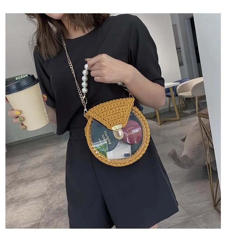 Cute Round Crochet Crossbody Purse PMMA Crochet Shoulder Round Handbag for Girl Circle Crochet Crossbody Purses