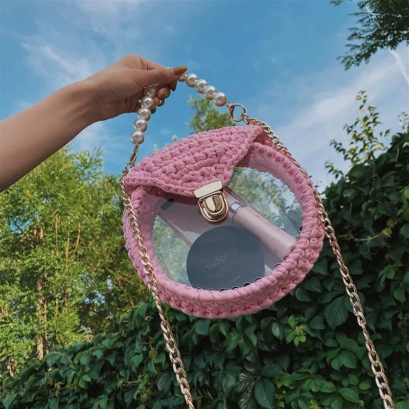 Cute Round Crochet Crossbody Purse PMMA Crochet Shoulder Round Handbag for Girl Circle Crochet Crossbody Purses
