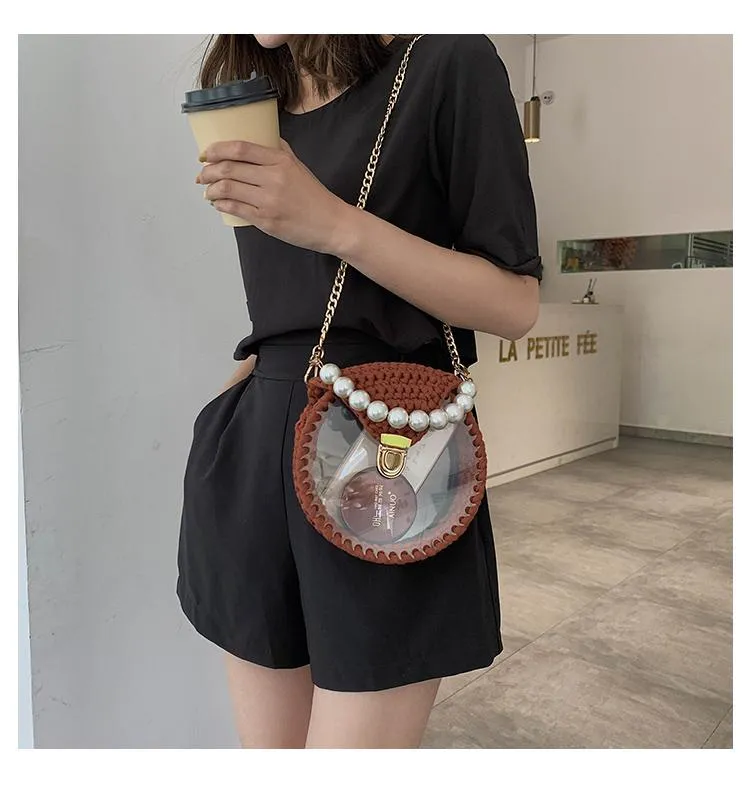 Cute Round Crochet Crossbody Purse PMMA Crochet Shoulder Round Handbag for Girl Circle Crochet Crossbody Purses