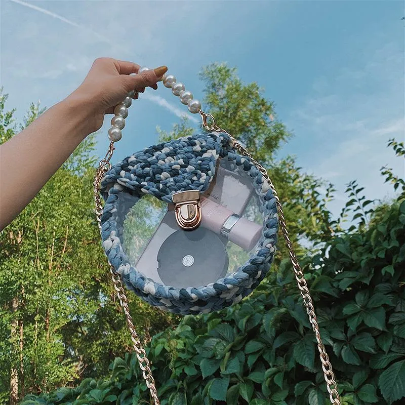 Cute Round Crochet Crossbody Purse PMMA Crochet Shoulder Round Handbag for Girl Circle Crochet Crossbody Purses