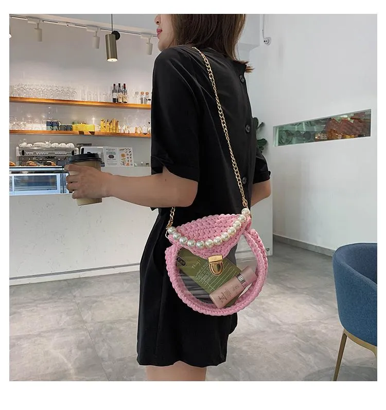 Cute Round Crochet Crossbody Purse PMMA Crochet Shoulder Round Handbag for Girl Circle Crochet Crossbody Purses