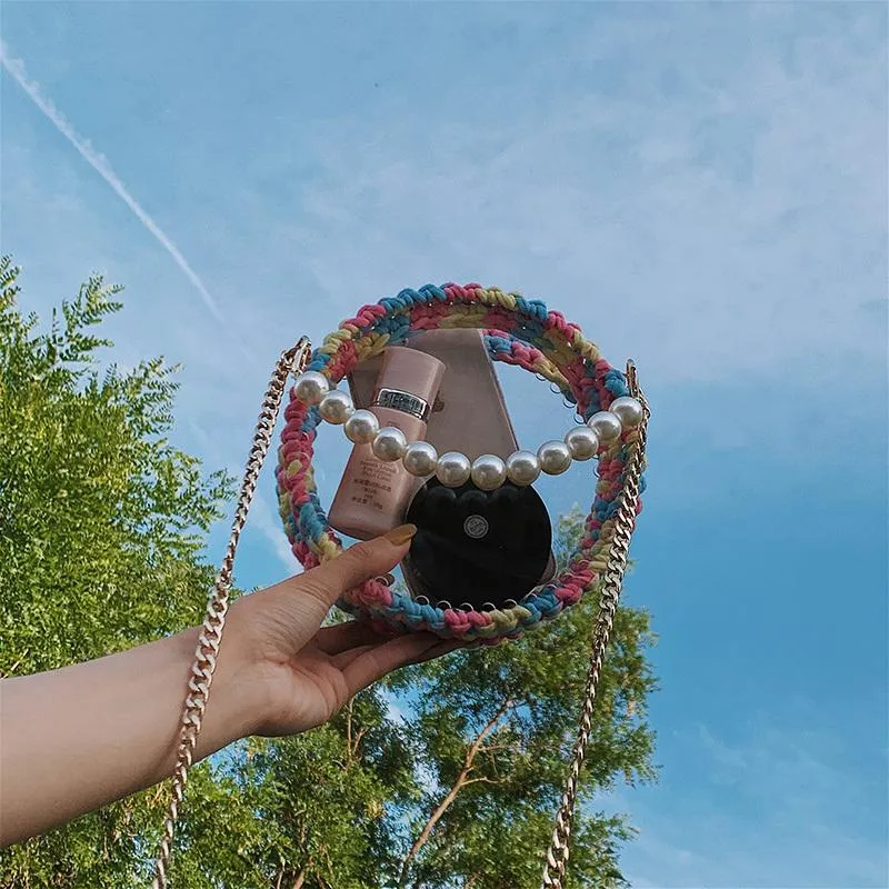 Cute Round Crochet Crossbody Purse PMMA Crochet Shoulder Round Handbag for Girl Circle Crochet Crossbody Purses
