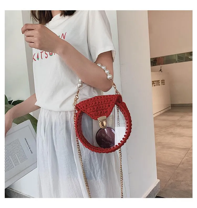 Cute Round Crochet Crossbody Purse PMMA Crochet Shoulder Round Handbag for Girl Circle Crochet Crossbody Purses
