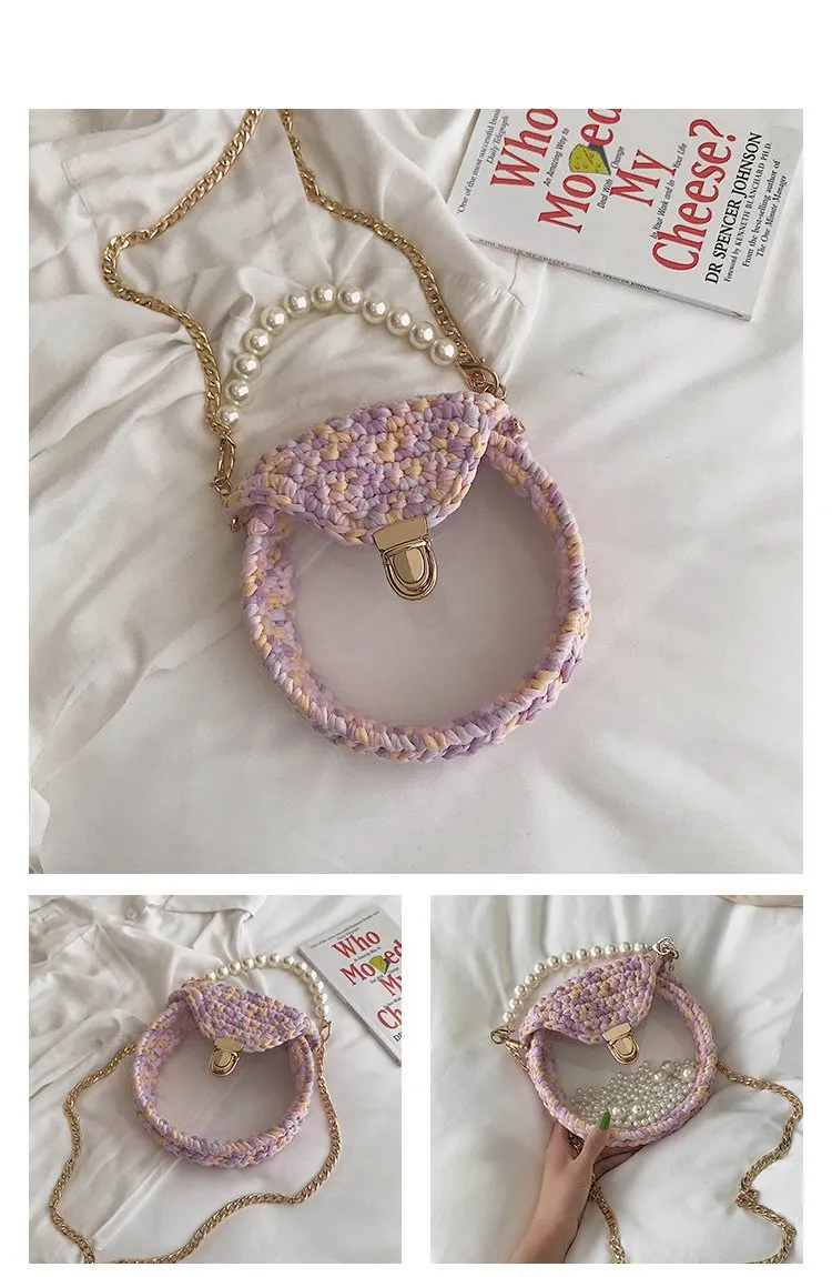 Cute Round Crochet Crossbody Purse PMMA Crochet Shoulder Round Handbag for Girl Circle Crochet Crossbody Purses
