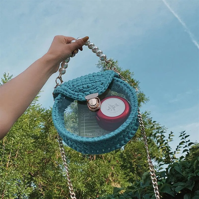 Cute Round Crochet Crossbody Purse PMMA Crochet Shoulder Round Handbag for Girl Circle Crochet Crossbody Purses