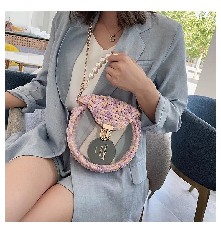 Cute Round Crochet Crossbody Purse PMMA Crochet Shoulder Round Handbag for Girl Circle Crochet Crossbody Purses